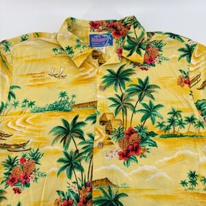 Rainbow Hawaii Inc Mens Large Yellow Tropical Pineapple Palm Tree Aloha Shirt L